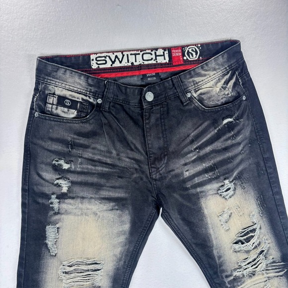 Switch Jeans Mens Thrashed Black Distressed Grunge Hip Hop Skinny Sz 34x30 - Picture 2 of 14